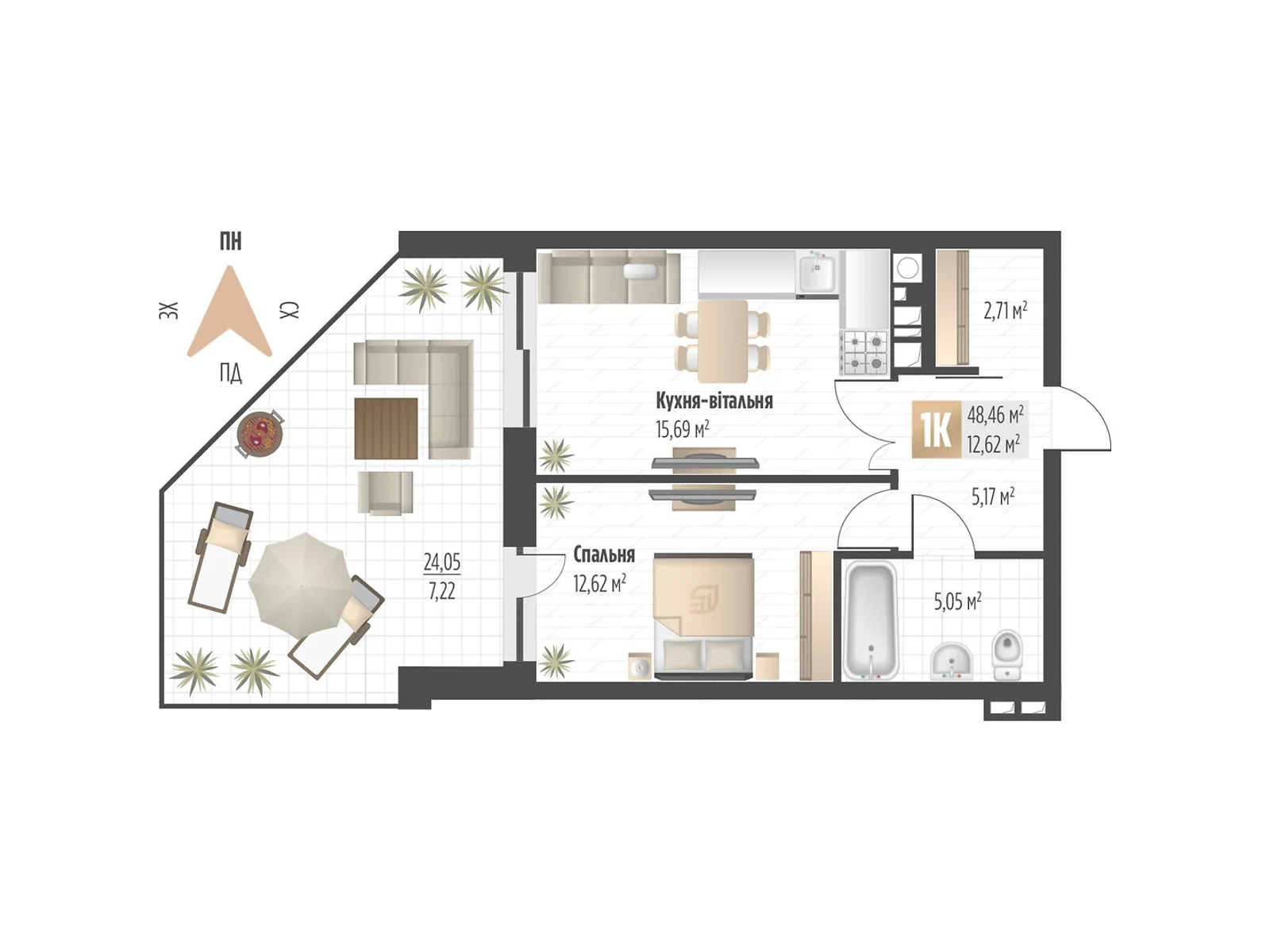 Продается 1-комнатная квартира 48.46 кв. м в Львове, ул. Орлика, 52 - фото 1