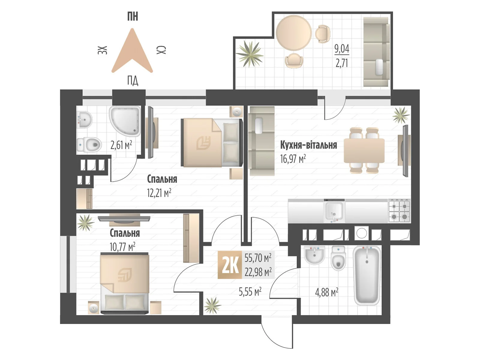 Продається 2-кімнатна квартира 55.7 кв. м у Львові, вул. Орлика, 52 - фото 1