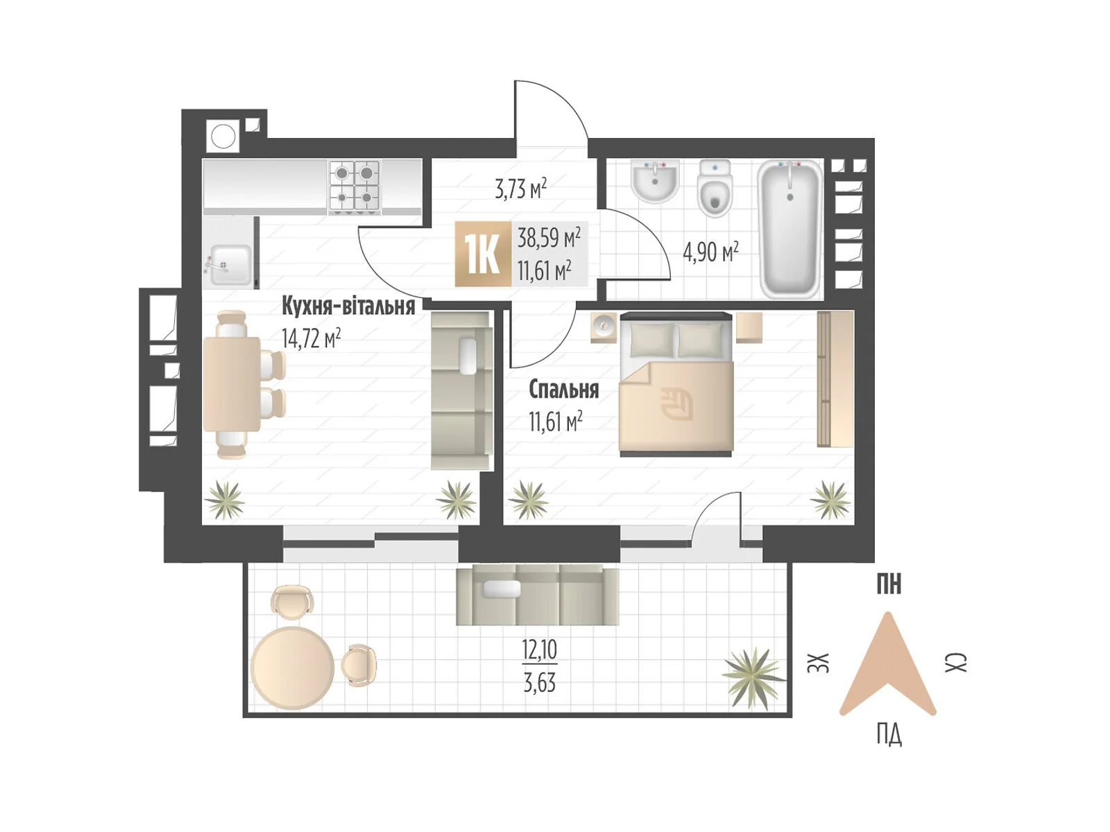 Продається 1-кімнатна квартира 38.59 кв. м у Львові, вул. Орлика, 52 - фото 1