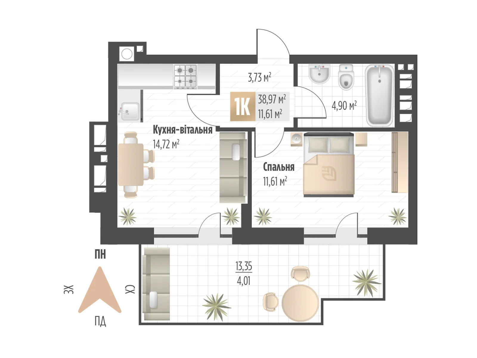 Продается 1-комнатная квартира 38.97 кв. м в Львове, ул. Орлика, 52 - фото 1