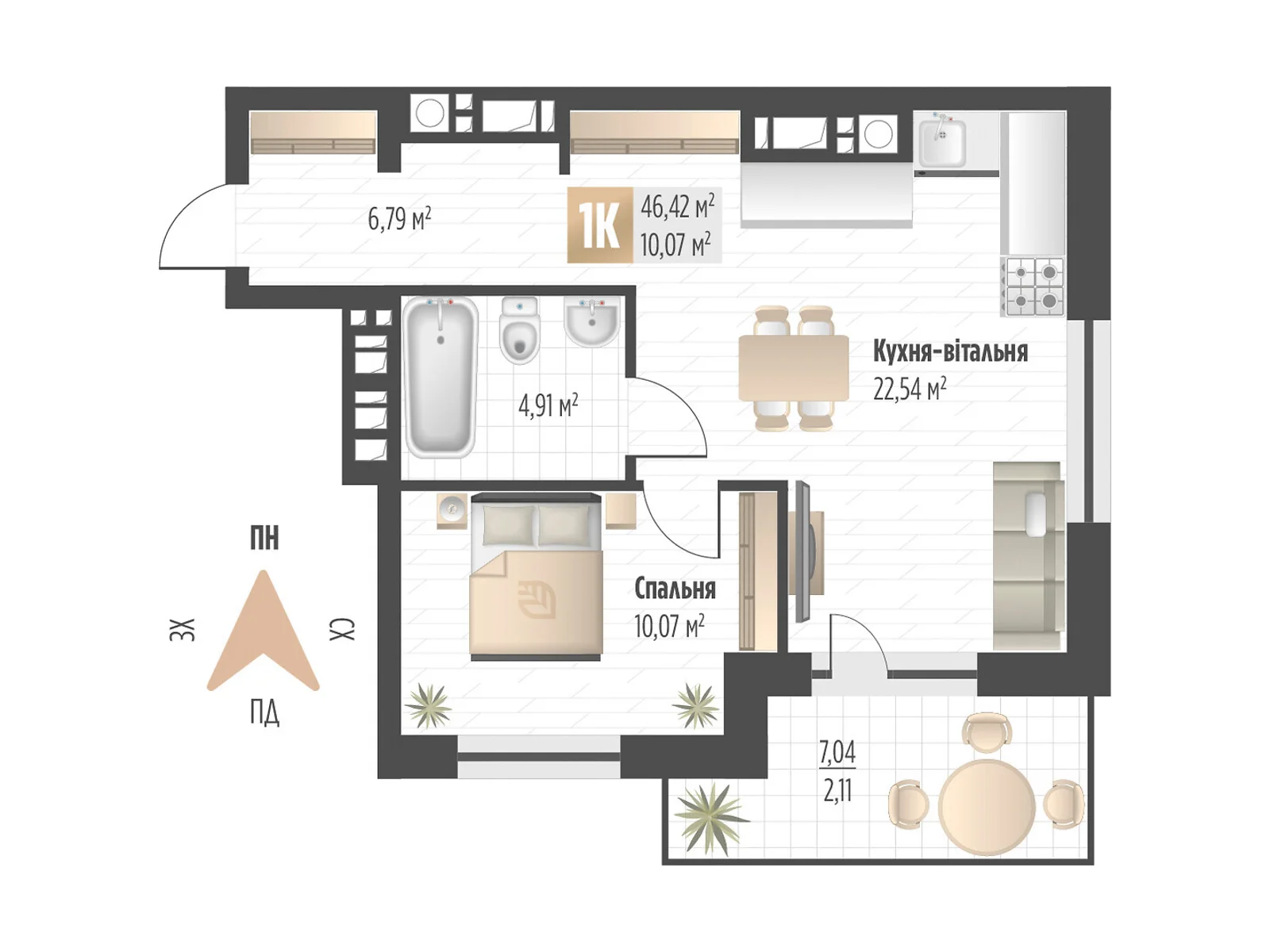 Продается 1-комнатная квартира 46.42 кв. м в Львове, ул. Орлика, 52 - фото 1