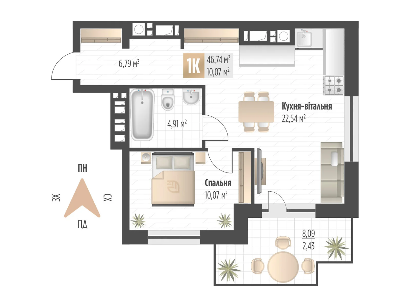 Продается 1-комнатная квартира 46.74 кв. м в Львове, ул. Орлика, 52 - фото 1