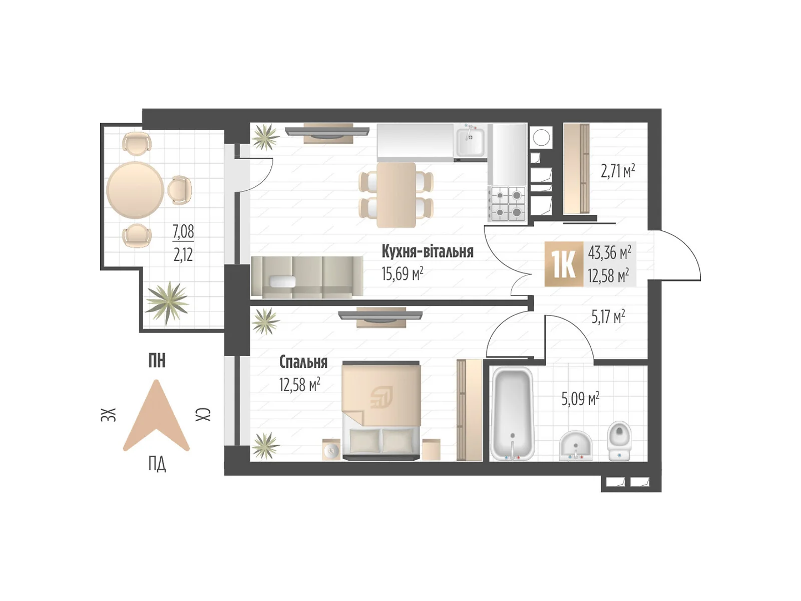 Продается 1-комнатная квартира 43.36 кв. м в Львове, ул. Орлика, 52 - фото 1