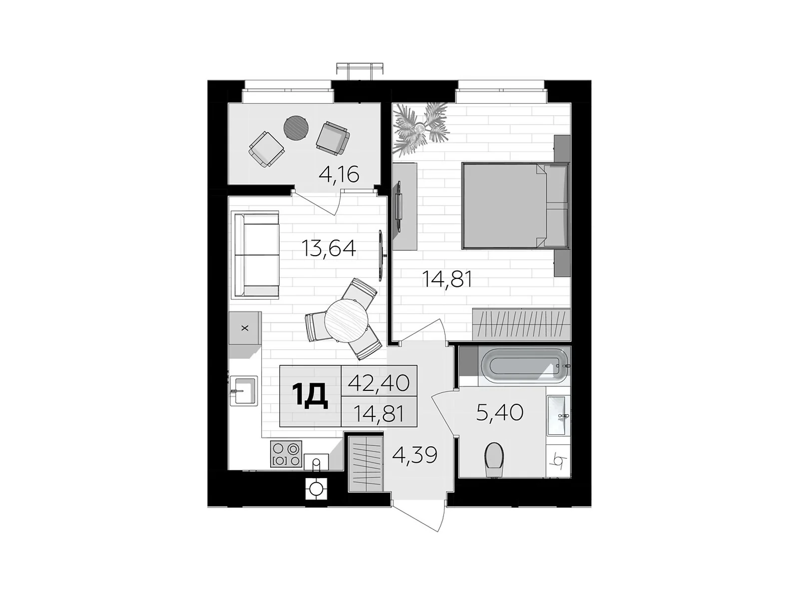 Продается 1-комнатная квартира 42.4 кв. м в Винницких Хуторах, Немировское шоссе, 94Е - фото 1