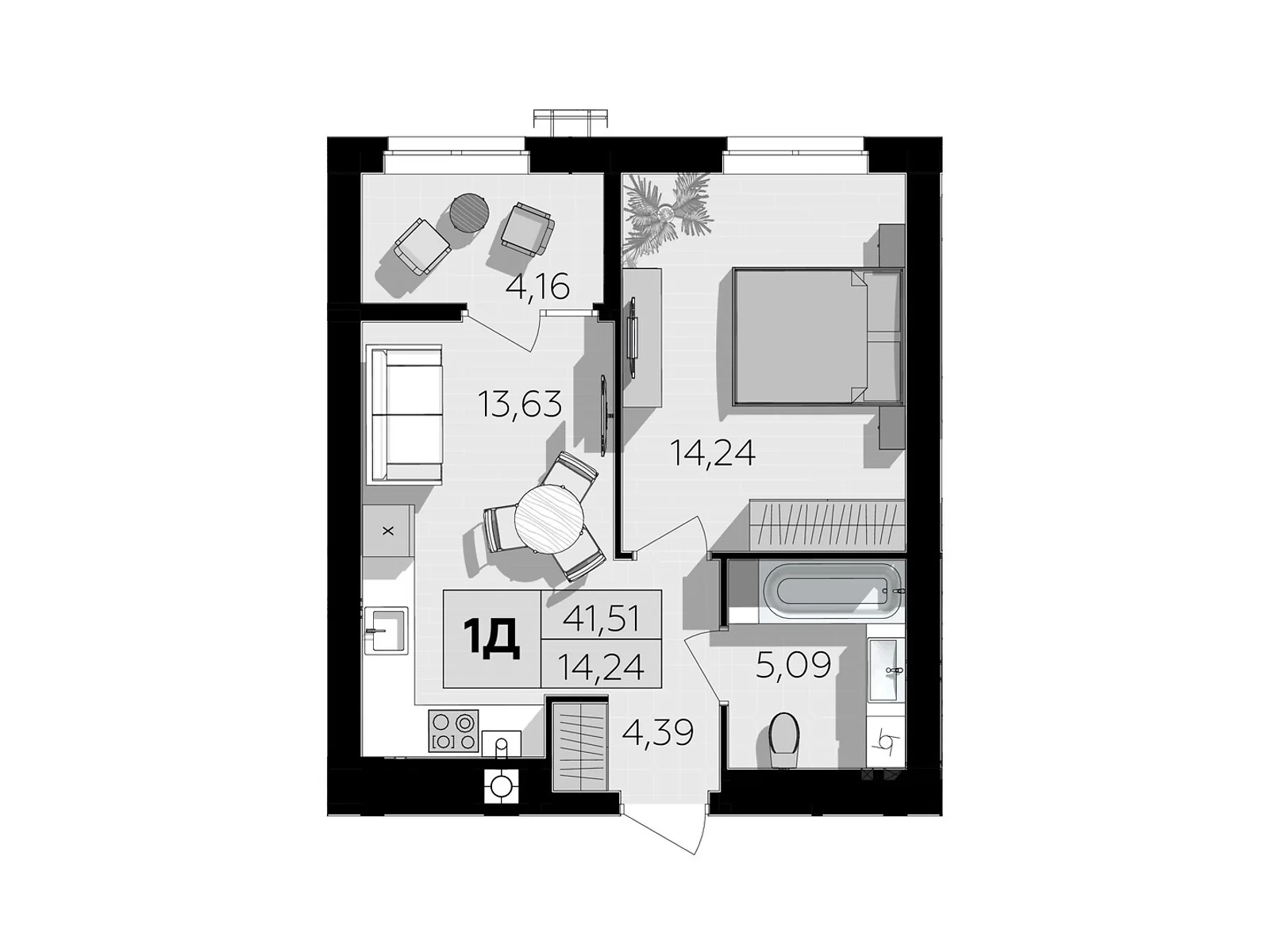 Продається 1-кімнатна квартира 41.51 кв. м у Вінницьких Хуторах, Немирівське шосе, 94Е - фото 1