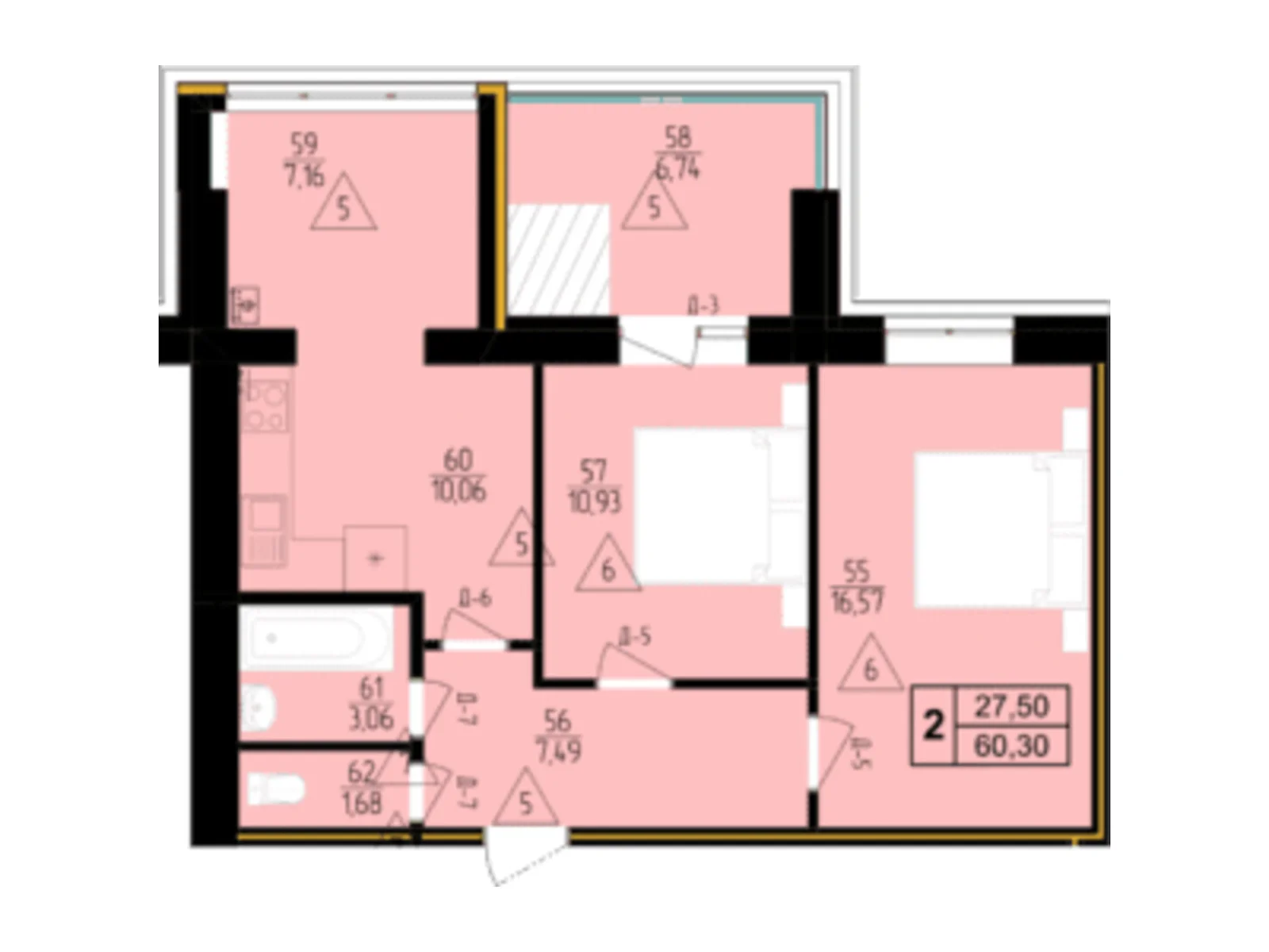 Продається 2-кімнатна квартира 60.3 кв. м у Мукачеві - фото 1