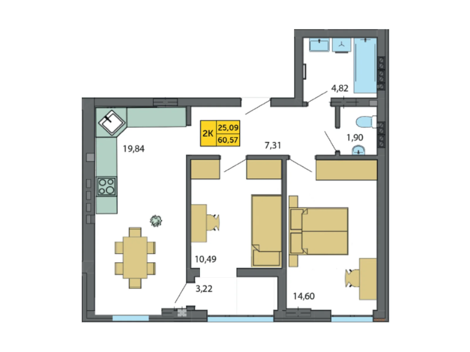 Продается 2-комнатная квартира 60.57 кв. м в Струмовке, ул. Парковая, 72 - фото 1