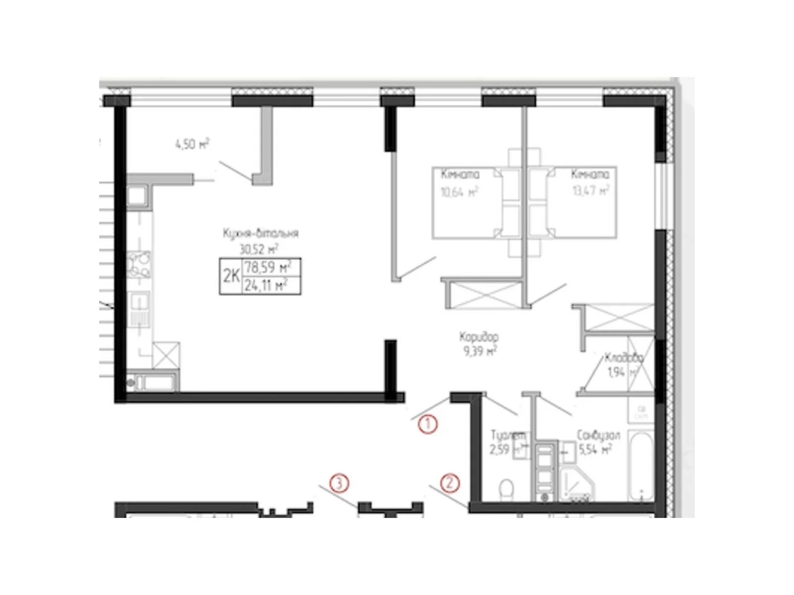 2-комнатная квартира 78.59 кв. м в Тернополе, ул. Спортивная, 8 - фото 1
