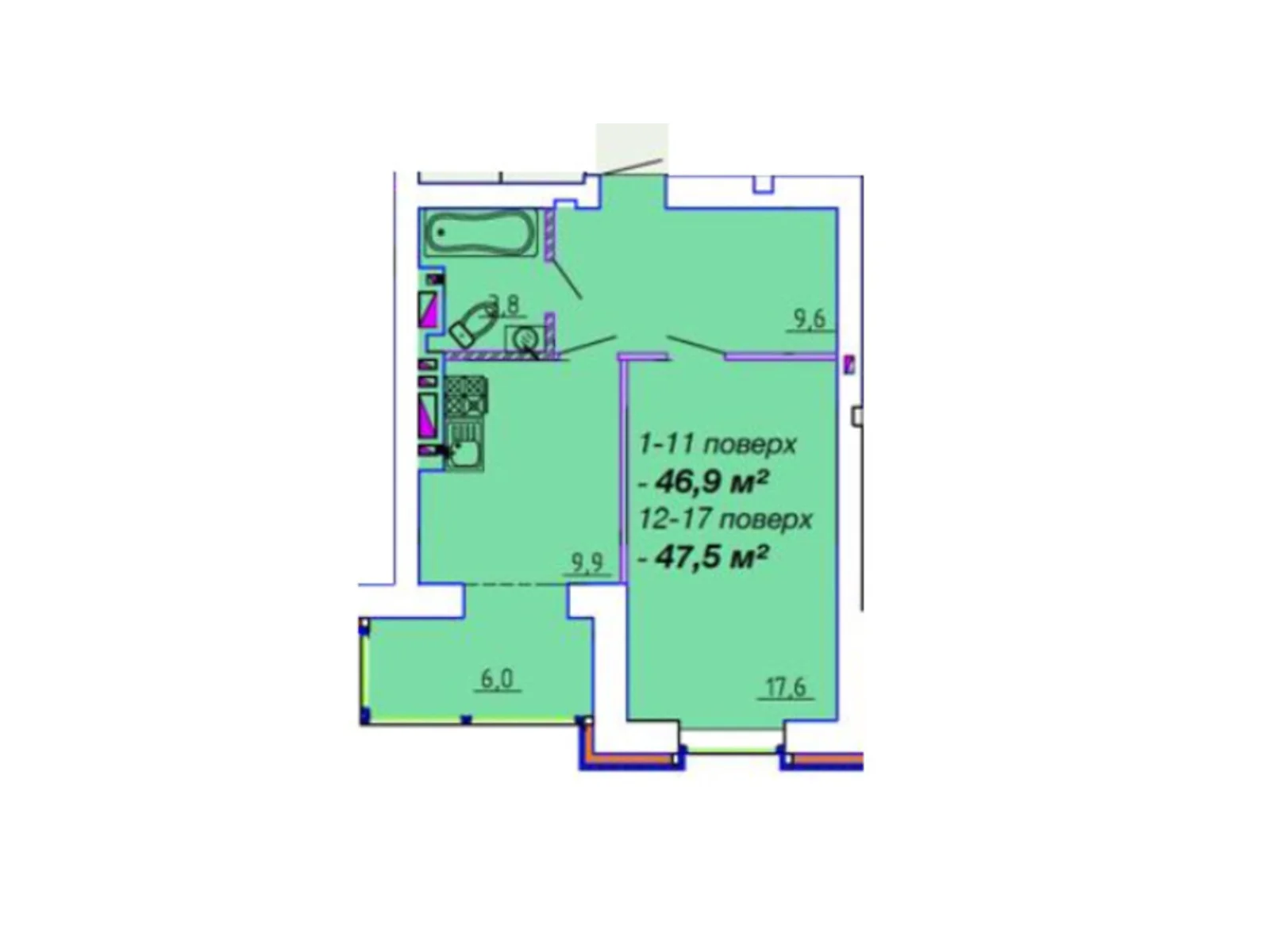 Продается 1-комнатная квартира 47.5 кв. м в Черкассах, ул. Байды-Вишневецкого, 68 - фото 1