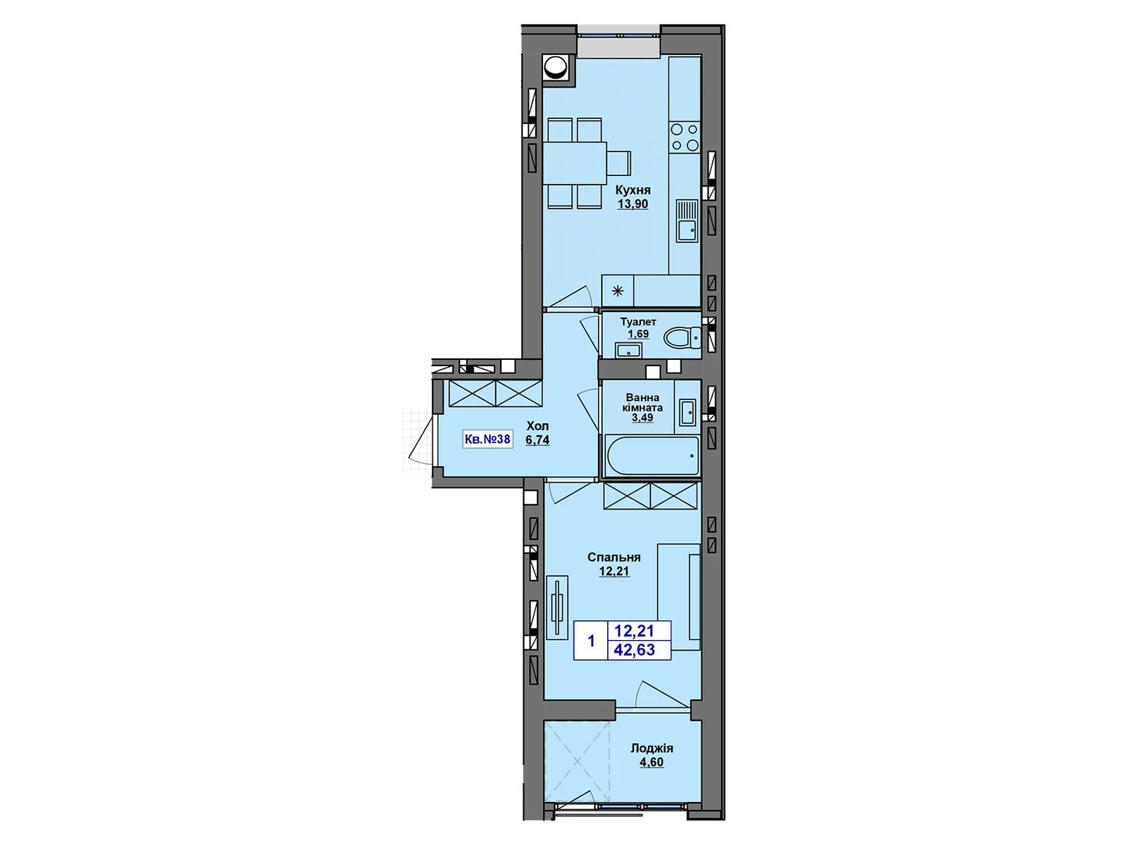 Продается 1-комнатная квартира 42.63 кв. м в Хмельницком, Старокостянтиновское шоссе, 5/5 - фото 1