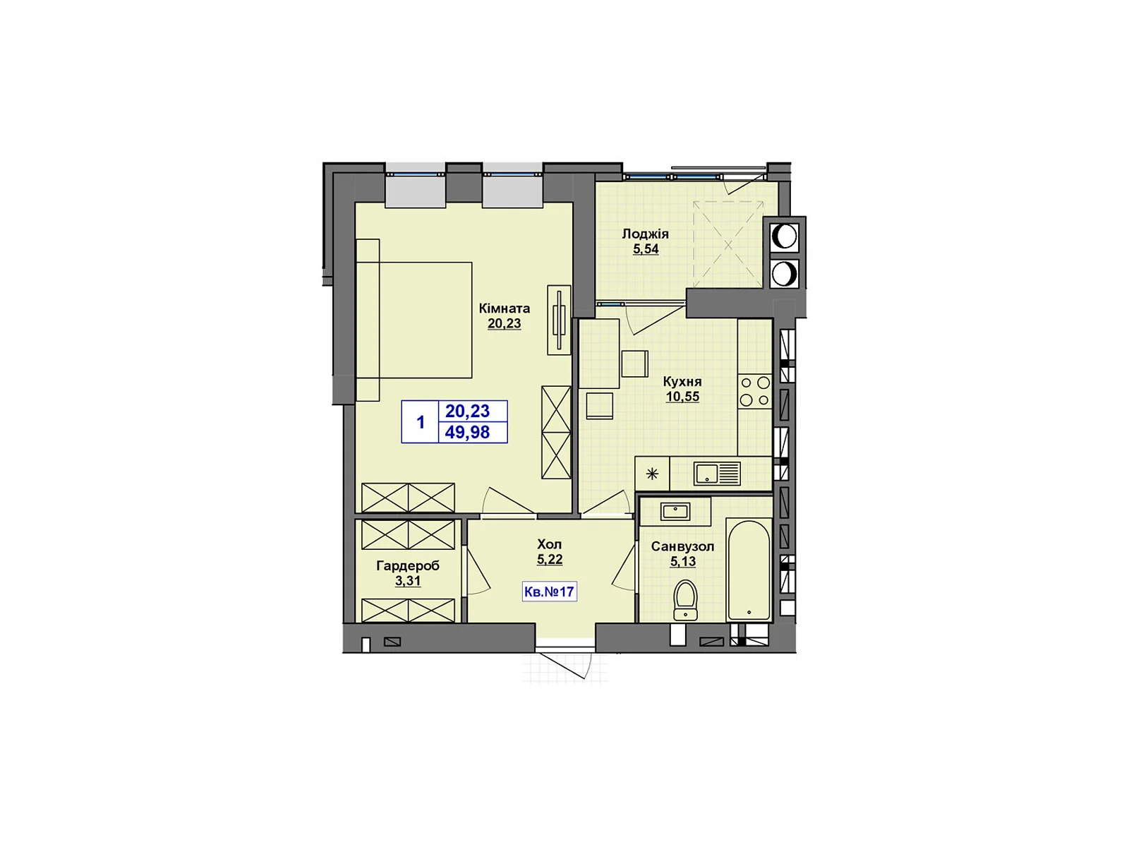 Продается 1-комнатная квартира 49.98 кв. м в Хмельницком, цена: 38984 $ - фото 1