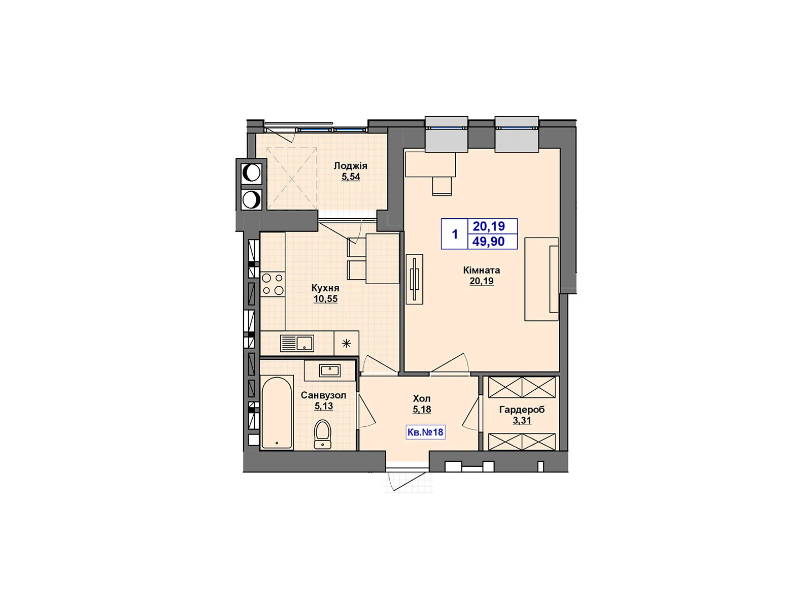 Продается 1-комнатная квартира 49.9 кв. м в Хмельницком, цена: 38922 $ - фото 1