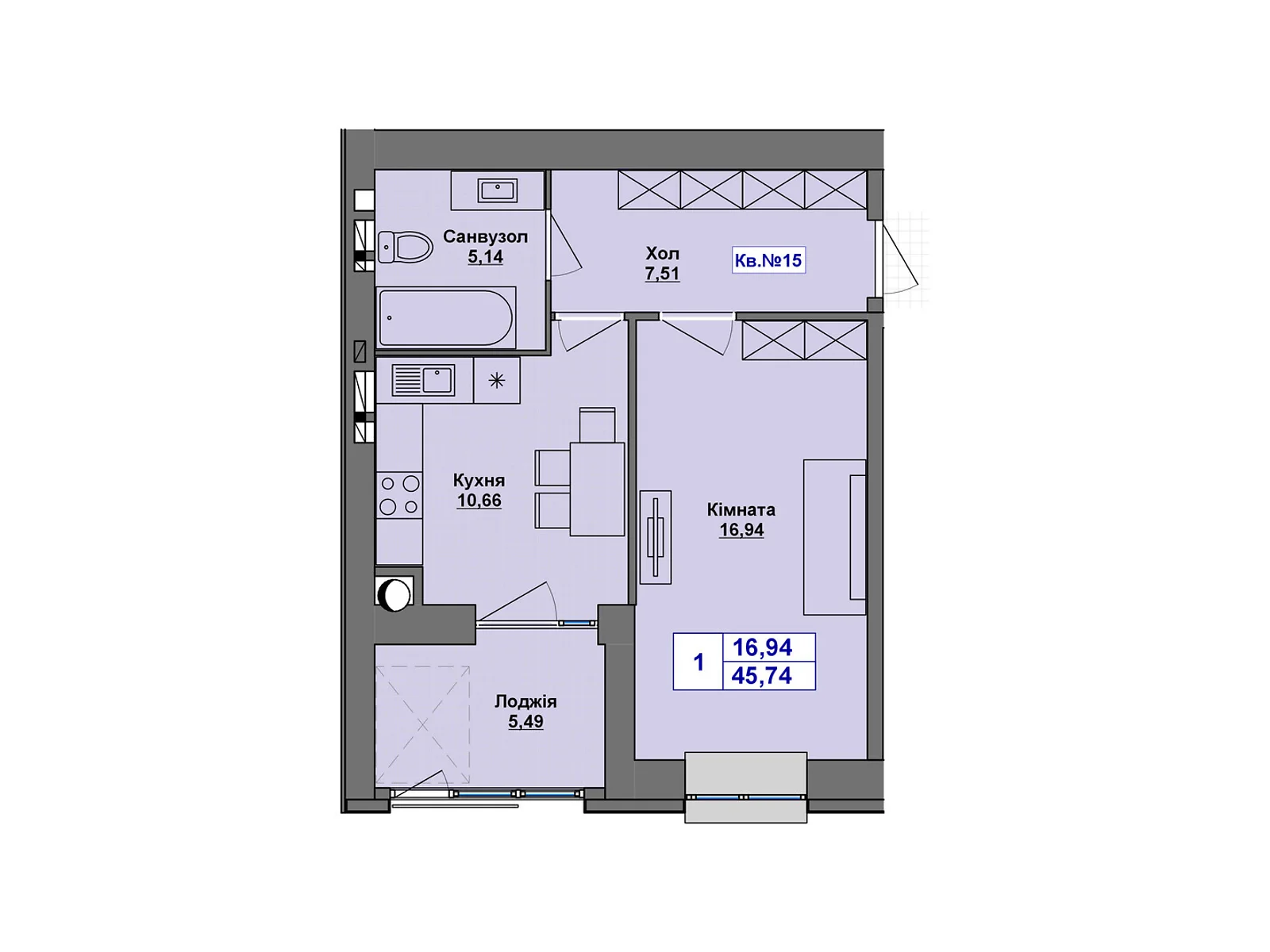 Продается 1-комнатная квартира 45.74 кв. м в Хмельницком, цена: 35677 $ - фото 1