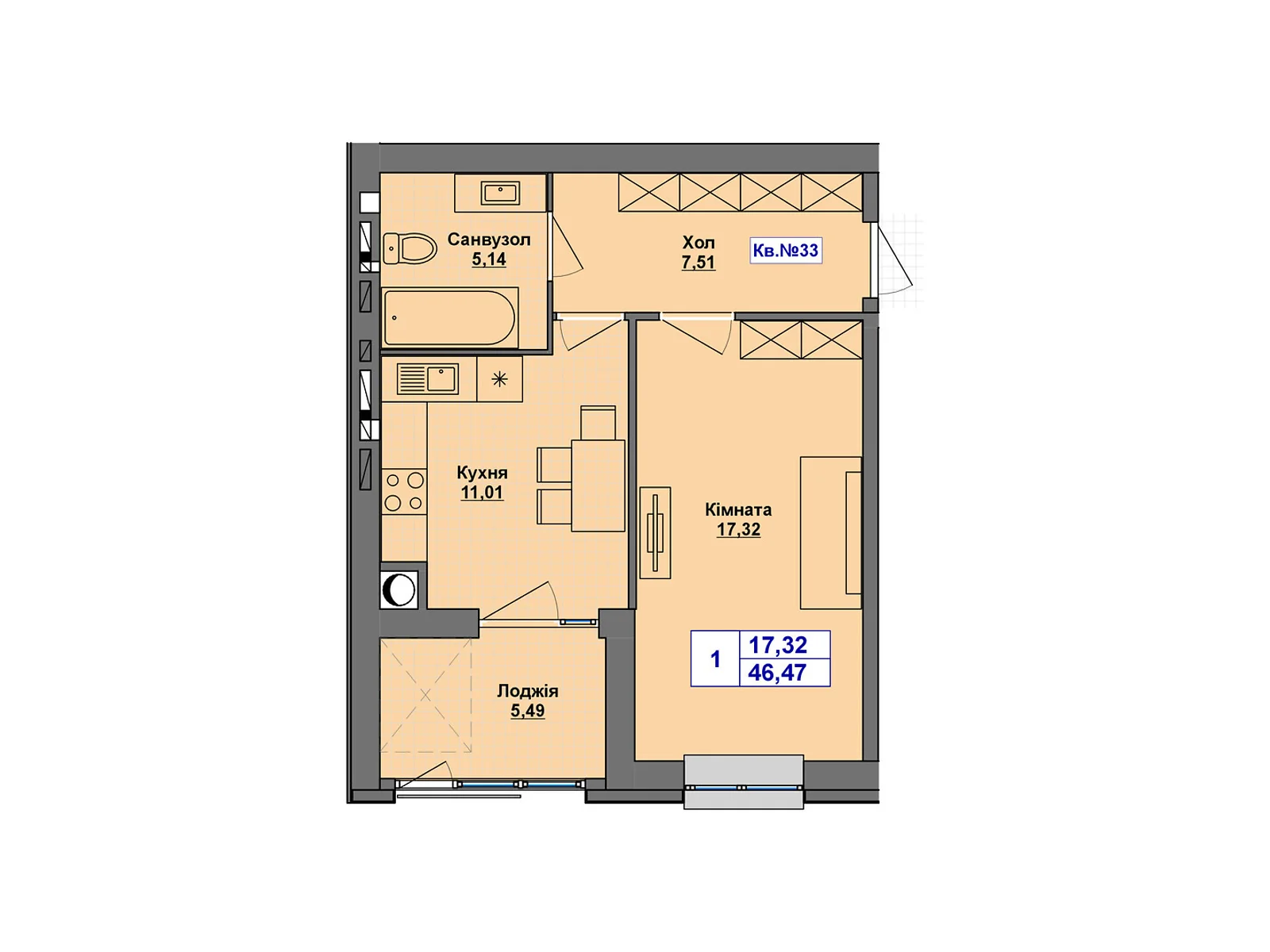 Продается 1-комнатная квартира 46.47 кв. м в Хмельницком, цена: 36247 $ - фото 1