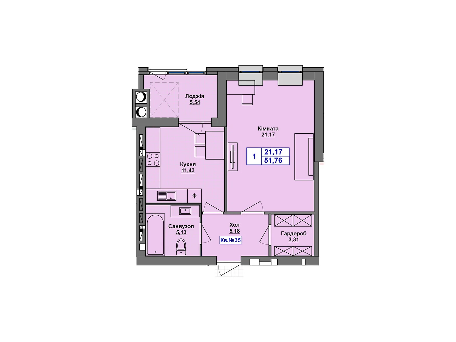 Продается 1-комнатная квартира 51.76 кв. м в Хмельницком, цена: 40373 $ - фото 1