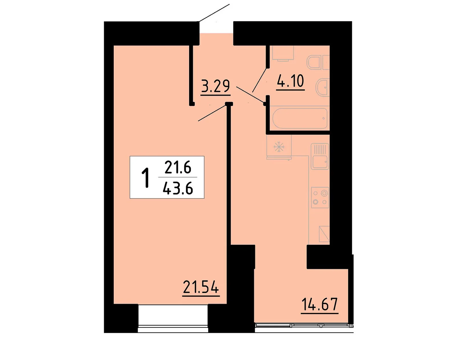 1-комнатная квартира 43.6 кв. м в Тернополе, ул. Энергетическая, 5 - фото 1