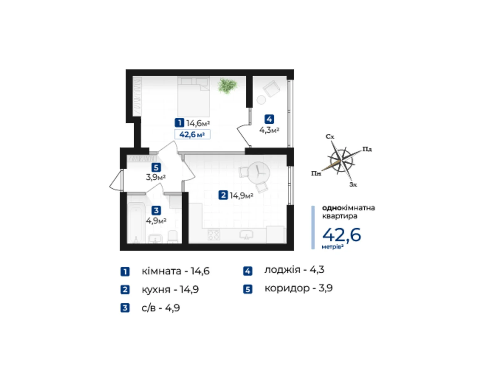 Продается 1-комнатная квартира 42.6 кв. м в Ивано-Франковске, ул. Хоткевича Гната - фото 1