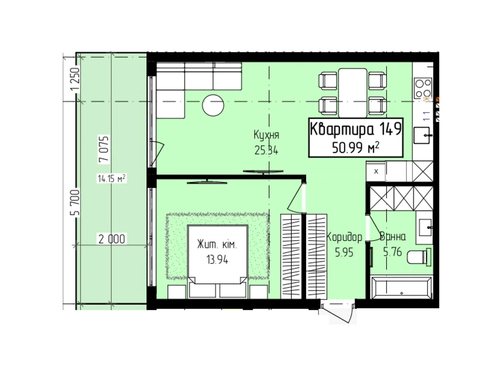 Продається 1-кімнатна квартира 50.99 кв. м у, цена: 58435 $ - фото 1