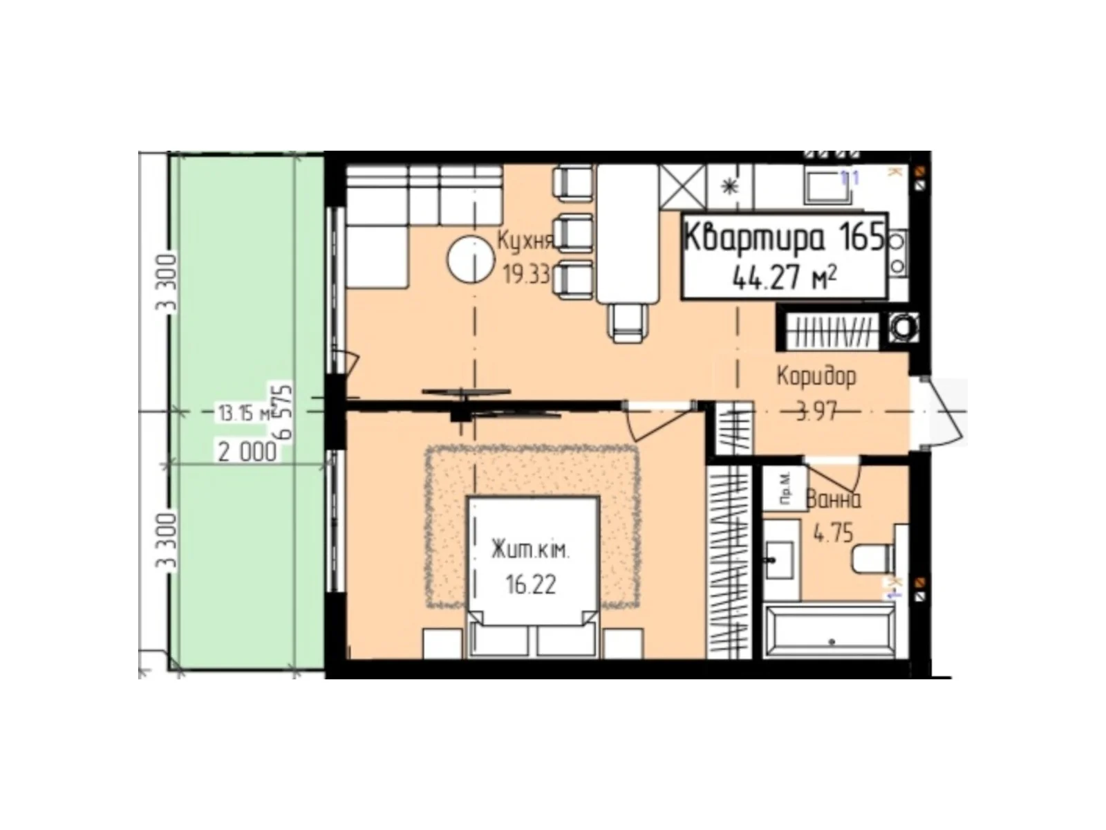 Продається 1-кімнатна квартира 44.27 кв. м у, цена: 54408 $ - фото 1