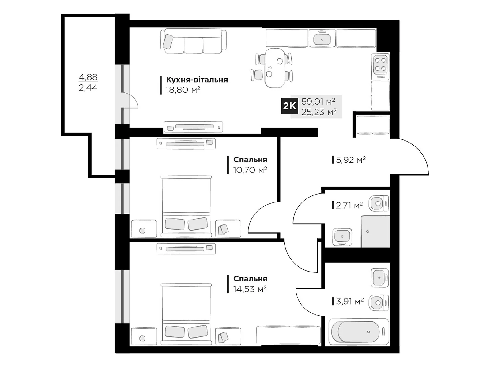 Продається 2-кімнатна квартира 59.01 кв. м у Винниках, вул. Галицька - фото 1