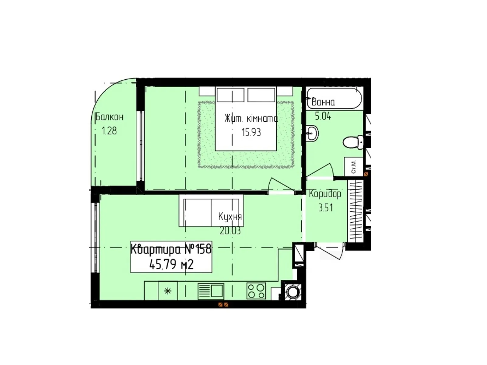 Продается 1-комнатная квартира 45.79 кв. м в Минае, пер. Парковый, 3А - фото 1