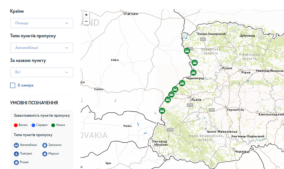 Карта пунктов пропуска на границе Украины