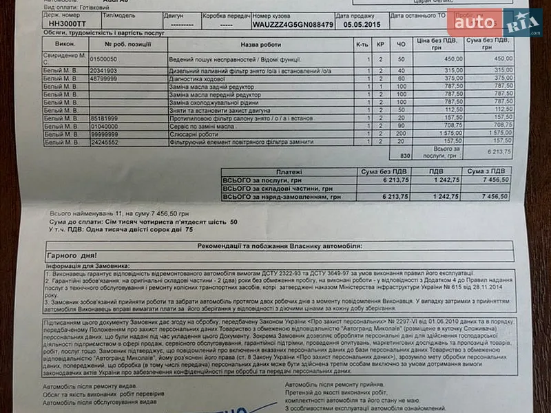 Седан Audi A6 2015 в Миколаєві документ