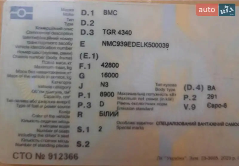 Самосвал BMC TGR 4340 2021 в Киеве документ