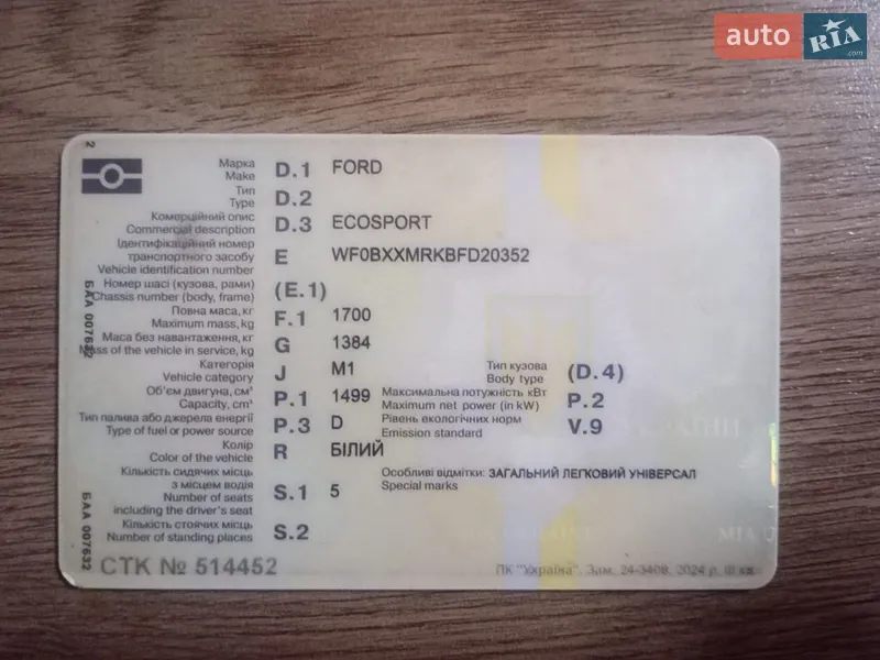 Внедорожник / Кроссовер Ford EcoSport 2015 в Киеве документ