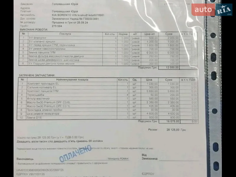 Внедорожник / Кроссовер Kia Sorento 2010 в Ровно документ