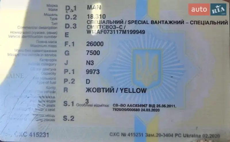 Сміттєвоз MAN 18 2001 в Києві документ