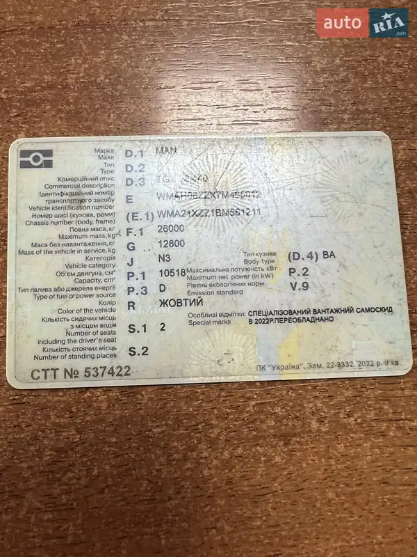 Самосвал MAN 26.440 2011 в Виннице документ