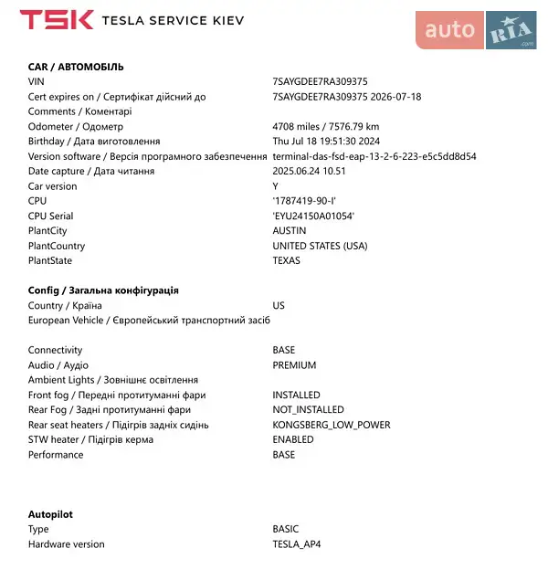 Позашляховик / Кросовер Tesla Model Y 2024 в Києві документ