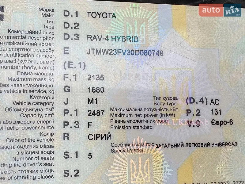 Внедорожник / Кроссовер Toyota RAV4 2021 в Ирпене документ