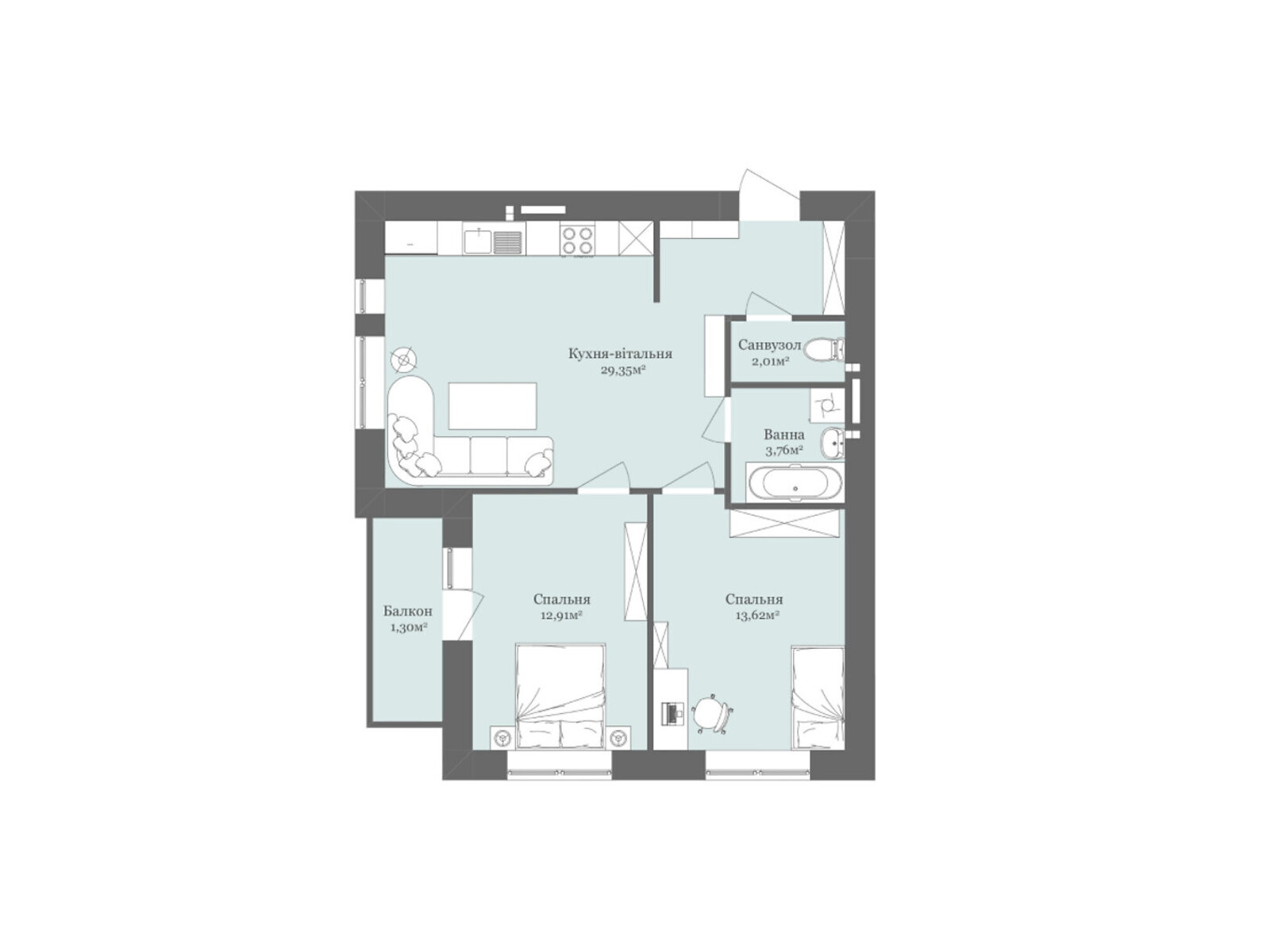 Продаж двокімнатної квартири в Ужгороді, на вул. Тлехаса 19, район Новий фото 1