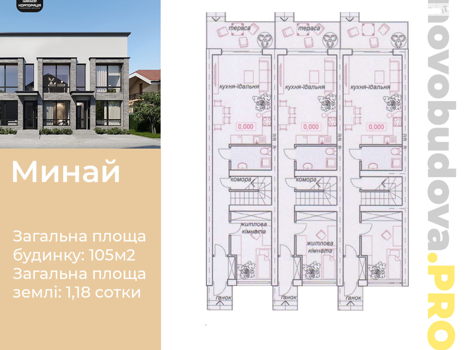 двоповерховий таунхаус, 105 кв. м, цегла. Продаж у Минаї фото 1