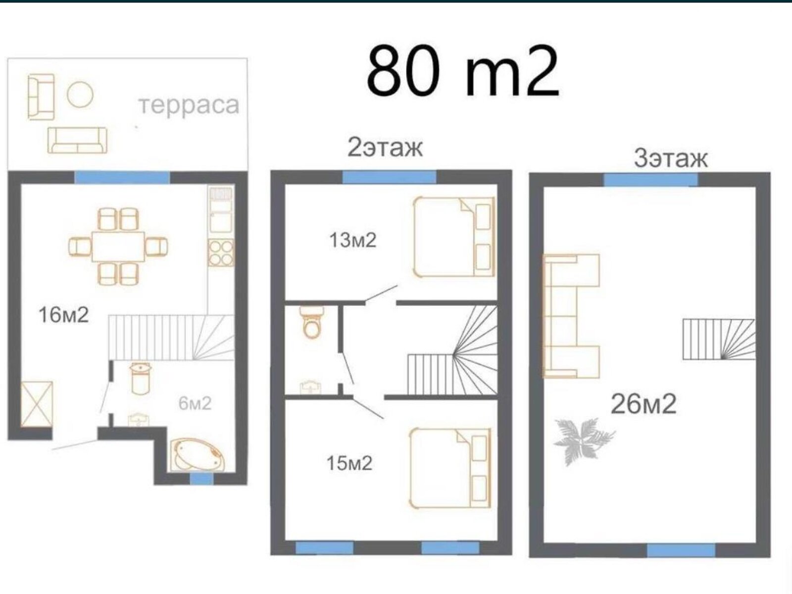 трехэтажный таунхаус, 80 кв. м, кирпич. Продажа в Одессе район Кривая Балка фото 1