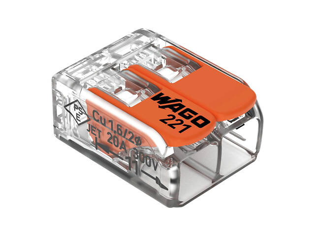 0,2-4мм.кв 32А 1⇒1 сполучна одинарна клема 18,8х13,2х8,4мм [221-412] WAGO помаранчевий важіль - Фото 1