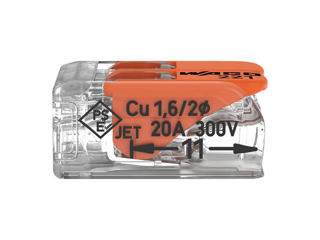 0,2-4мм.кв 32А 1⇒1 сполучна одинарна клема 18,8х13,2х8,4мм [221-412] WAGO помаранчевий важіль - Фото 3