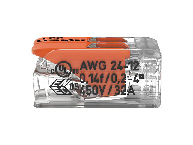 0,2-4мм.кв 32А 1⇒1 сполучна одинарна клема 18,8х13,2х8,4мм [221-412] WAGO помаранчевий важіль - Фото 4