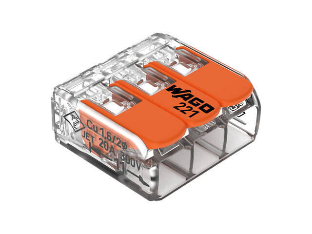 0,2-4мм.кв 32А 1⇒2 сполучна одинарна клема 18,6х18,8х8,4мм [221-413] WAGO помаранчевий важіль - Фото 1