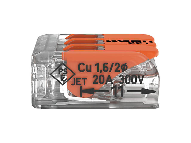 0,2-4мм.кв 32А 1⇒2 сполучна одинарна клема 18,6х18,8х8,4мм [221-413] WAGO помаранчевий важіль - Фото 3