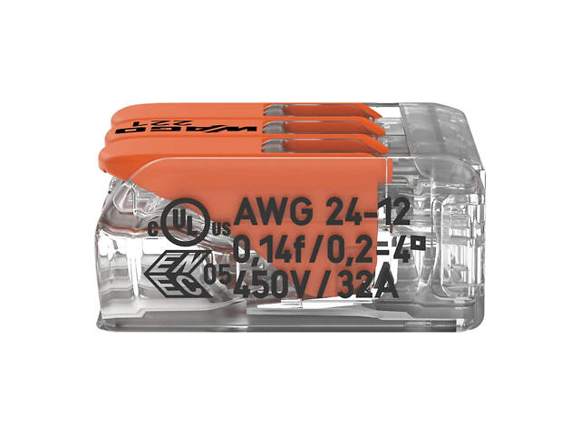0,2-4мм.кв 32А 1⇒2 сполучна одинарна клема 18,6х18,8х8,4мм [221-413] WAGO помаранчевий важіль - Фото 4