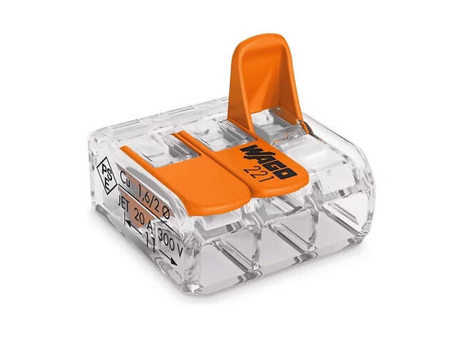 0,2-4мм.кв 32А 1⇒2 сполучна одинарна клема 18,6х18,8х8,4мм [221-413] WAGO помаранчевий важіль - Фото 6