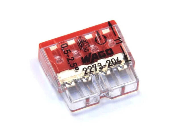 0,5-2,5мм.кв 24А 1⇒3 сполучна одинарна клема 16,7х18х5,8мм [2273-204] WAGO червона вставка - Фото 1