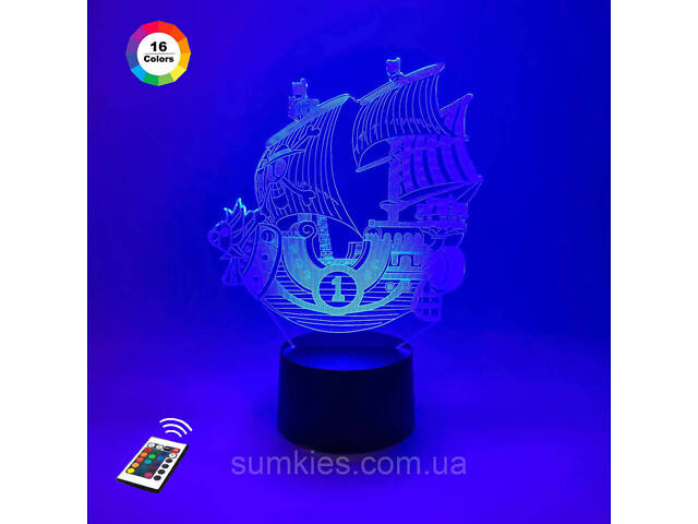 3D нічник 'Корабль Ван Пис ' (ВОЛІЧНЕ ЗОБРАЖЕННЯ)+ пульт ДК+ мережевий адаптер + батарейки (3ААА) 3DTOYSLМР - Фото 1