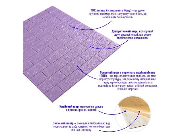 3D панель самоклеюча 700х770х5мм цегла світло - фіолетова (015-5) SW-00000083 - Фото 2