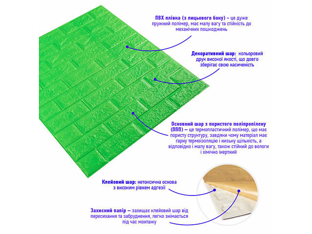 3D панель самоклеюча 700х770х5мм цегла Зелений (013-5) SW-00000149 - Фото 2