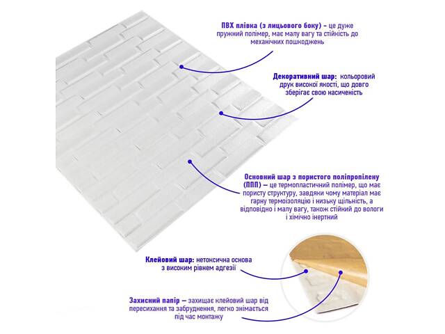 3D панель самоклеюча кладка 770х700х5мм Біла (031) SW-00000167 - Фото 2
