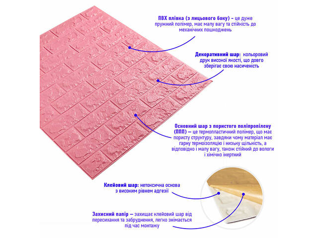 3D панель самоклеющаяся 700x770x7мм кирпич Розовый (004-7) SW-00000057 - Фото 2